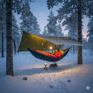 Ein wetterfestes Tarp schützt die winter camping hängematte vor Schneefall.