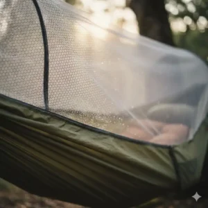 Detailansicht vom Insektenschutz der camping hängematte mit moskitonetz 2026.