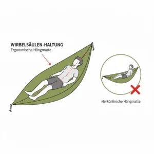 Grafik zur diagonalen Liegetechnik, die eine ergonomische camping hängematte so bequem macht.