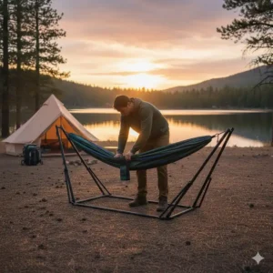 Hochwertiges Material einer Hängematte mit Gestell Camping im Detail.