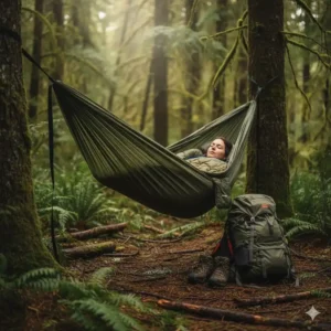 Gemütliches Schlafen in einer wasserdichte hängematte camping während einer Wandertour.