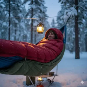 Ein dicker Daunenschlafsack in der winter camping hängematte hält warm.