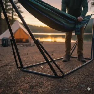 Die stabile Konstruktion der Hängematte mit Gestell Camping für sicheren Halt.