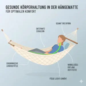 Illustration der korrekten Körperhaltung in einer Hängematte mit Rückenstütze.