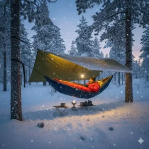 Eine frostige Übernachtung im Wald in einer winter camping hängematte.