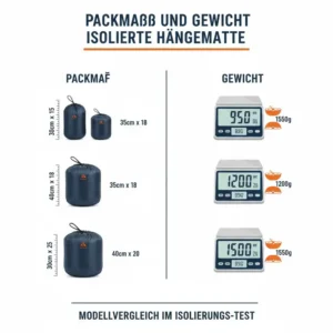 Data chart comparing weight and pack size for the hängematte mit isolierung test.