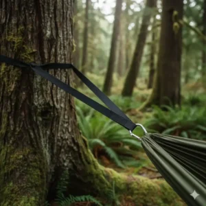 Sicheres Befestigungssystem für die wasserdichte hängematte camping an stabilen Bäumen.