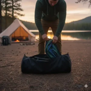 Hängematte mit Gestell Camping kompakt verpackt in einer Tragetasche.