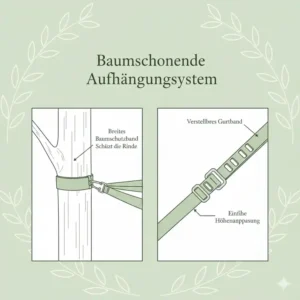 Detailansicht eines baumschonenden Aufhängesystems für eine nachhaltige camping hängematte.