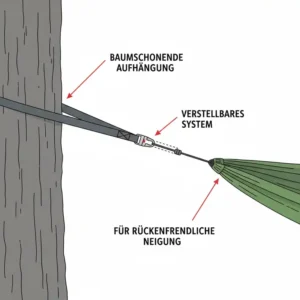 Das verstellbare Aufhängungssystem für die ergonomische camping hängematte zur optimalen Neigung.