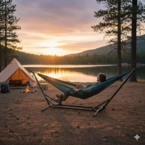 Maximaler Komfort beim Entspannen in der Hängematte mit Gestell Camping.