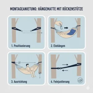 Anleitung zur sicheren Befestigung einer Hängematte mit Rückenstütze an Bäumen.