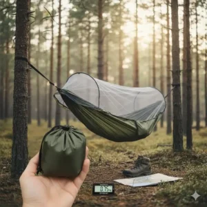 Kompakt zusammengepackte camping hängematte mit moskitonetz 2026 im Beutel.