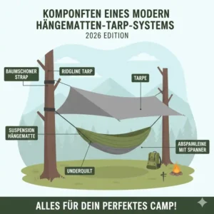 Übersicht aller Komponenten und Einzelteile der camping hängematte mit tarp 2026.
