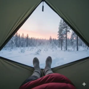 Der morgendliche Blick aus der winter camping hängematte auf den Schnee.