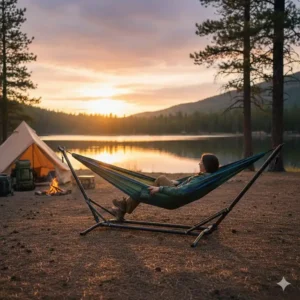 Lifestyle-Foto einer Person in der Hängematte mit Gestell Camping vor einem Zelt.