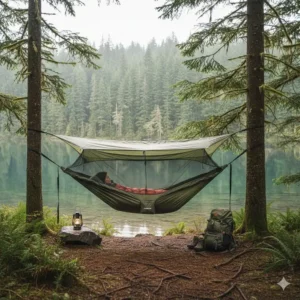 Eine am Seeufer aufgespannte wasserdichte hängematte camping für das perfekte Outdoor-Erlebnis.