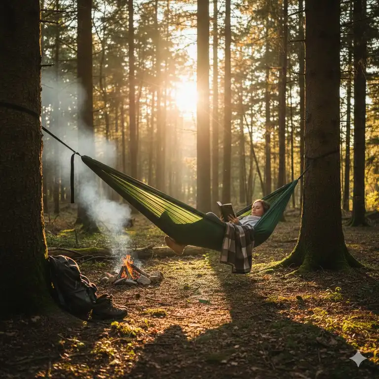 Eine extra breite camping hängematte aufgespannt im Wald bei Sonnenuntergang.
