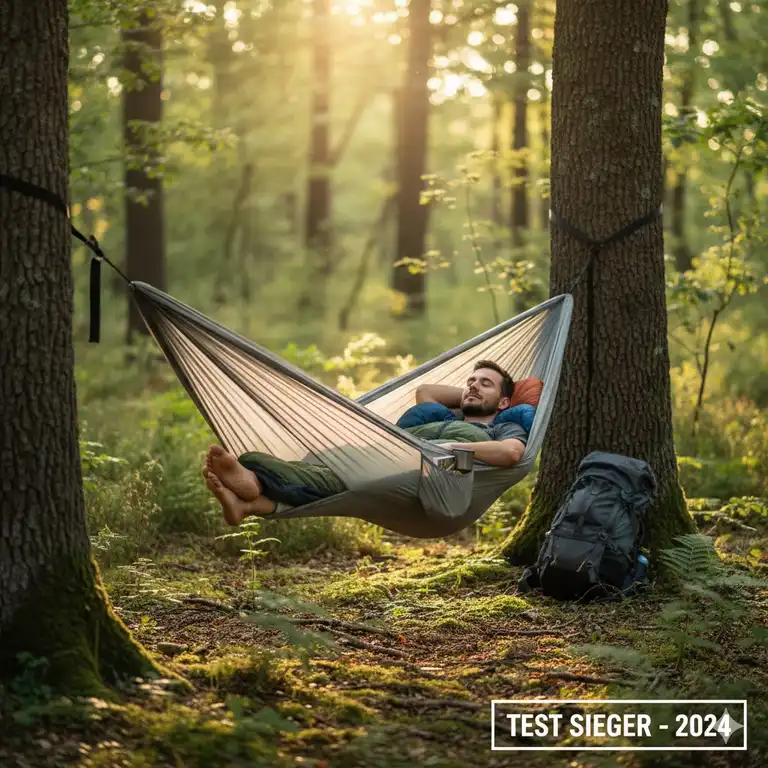 Ein entspannter Camper im Wald, der den Sieger in unserem komfort camping hängematte test nutzt.