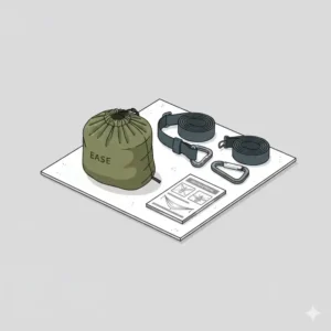 Das komplette Zubehör-Set für eine hängematte mit leichtem aufbau inklusive Gurten.