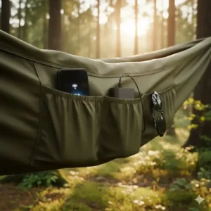 Detailansicht einer camping hängematte mit taschen für Smartphone und Powerbank.