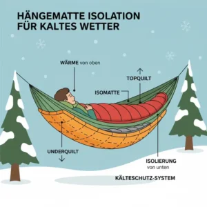 Infografik über die verschiedenen Isolationsschichten einer Hängematte für kaltes Wetter inklusive Topquilt und Underquilt.