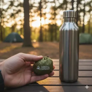 Eine komprimierte ultralight hängematte camping 2026, die so klein ist wie eine Wasserflasche, gehalten in einer Hand.