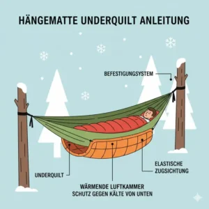 Anleitung zur korrekten Befestigung eines Underquilts an einer Hängematte für kaltes Wetter zur Vermeidung von Kältebrücken.