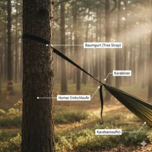 Detailansicht der stabilen Baumgurte im leichte camping hängematte test.