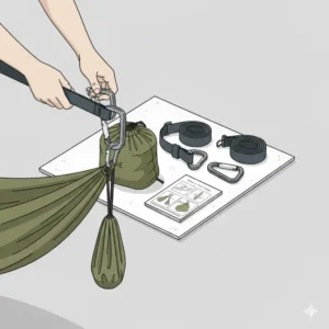 Detailansicht der Karabiner für eine hängematte mit leichtem aufbau und schnellen Halt.