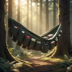 Illustration einer camping hängematte mit taschen und Organizer-System für Ausrüstung.