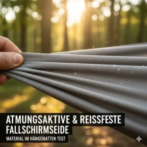 Detailansicht der atmungsaktiven Fallschirmseide einer komfort camping hängematte test Einheit.