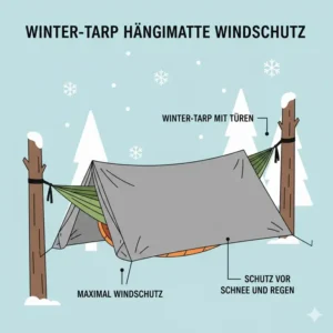 Darstellung eines Winter-Tarps als Windschutz für eine Hängematte für kaltes Wetter bei Schnee und Sturm.