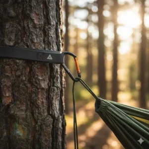 Detailansicht der baumfreundlichen Gurte und Karabiner einer ultralight hängematte camping 2026.