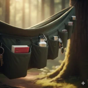 Nahaufnahme einer camping hängematte mit taschen mit Platz für eine Trinkflasche.
