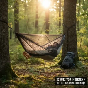 Effektiver Insektenschutz durch ein integriertes Netz bei einer komfort camping hängematte test Probe.