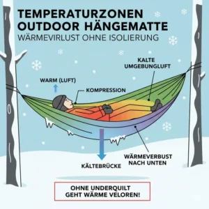 Diagramm der Temperaturzonen und des Wärmeverlusts bei einer Hängematte für kaltes Wetter ohne ausreichende Isolierung.