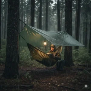 Eine ultralight hängematte camping 2026 unter einem ultraleichten Tarp während eines regnerischen Ausflugs.
