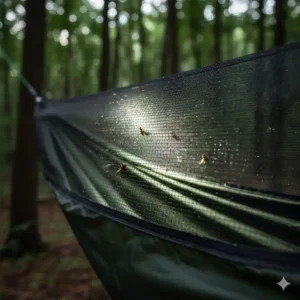 Integriertes Moskitonetz einer ultralight hängematte camping 2026 zum Schutz vor Insekten im Wald.