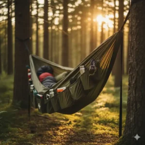 Ordnung im Camp: camping hängematte mit taschen für Taschenlampe und Brille.