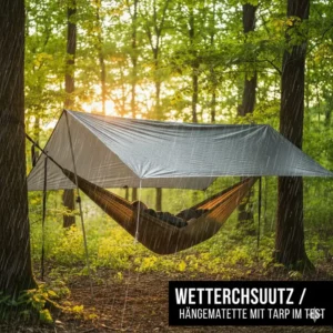 Schutz vor Regen durch ein Tarp-Dach über der komfort camping hängematte test Ausrüstung.