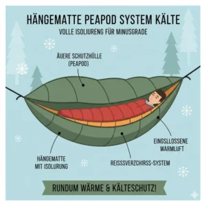 Das Pea-Pod-Isolationssystem für maximale Wärme in einer Hängematte für kaltes Wetter bei Minusgraden.