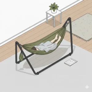 Verwendung einer hängematte mit leichtem aufbau an einem stabilen Gestell im Innenraum.