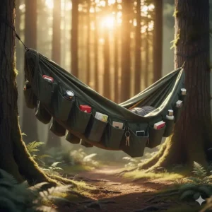 Eine aufgehängte Outdoor-camping hängematte mit taschen zeigt die Nutzung der Fächer.