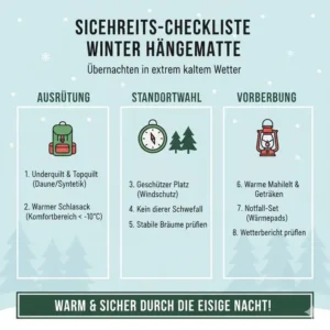 Sicherheits-Checkliste für das Übernachten im Freien mit einer Hängematte für kaltes Wetter und Tipps zur Standortwahl.