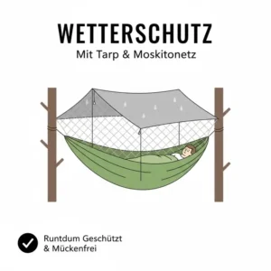Eine extra breite camping hängematte kombiniert mit einem Tarp und Moskitonetz als Wetterschutz.