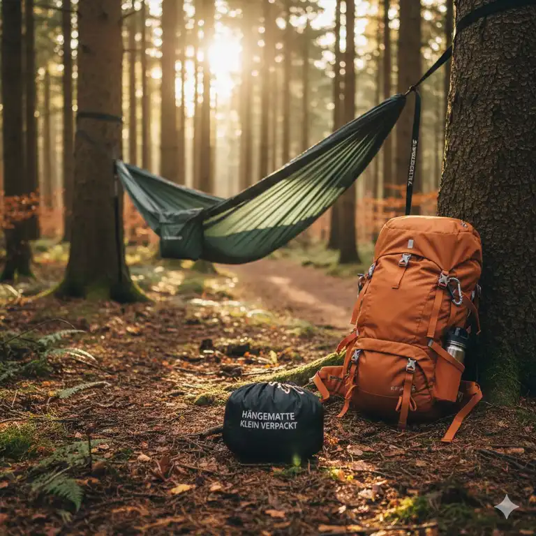 Eine ultraleichte Hängematte klein verpackt neben einem Wanderrucksack im Wald.
