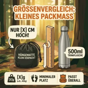Vergleich der Packgröße einer Hängematte klein verpackt mit einer Trinkflasche.