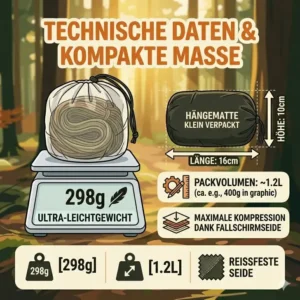 nfografik zu Gewicht und Maßen einer Hängematte klein verpackt.