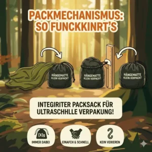 Illustration zum integrierten Beutel für eine Hängematte klein verpackt.